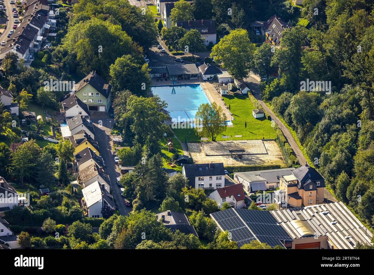 Aerial view, outdoor pool Henkhausen, Hohenlimburg, Hagen, Ruhr area, North Rhine-Westphalia, Germany, Bathhouse, Bathing resort, DE, Europe, Outdoor Stock Photo