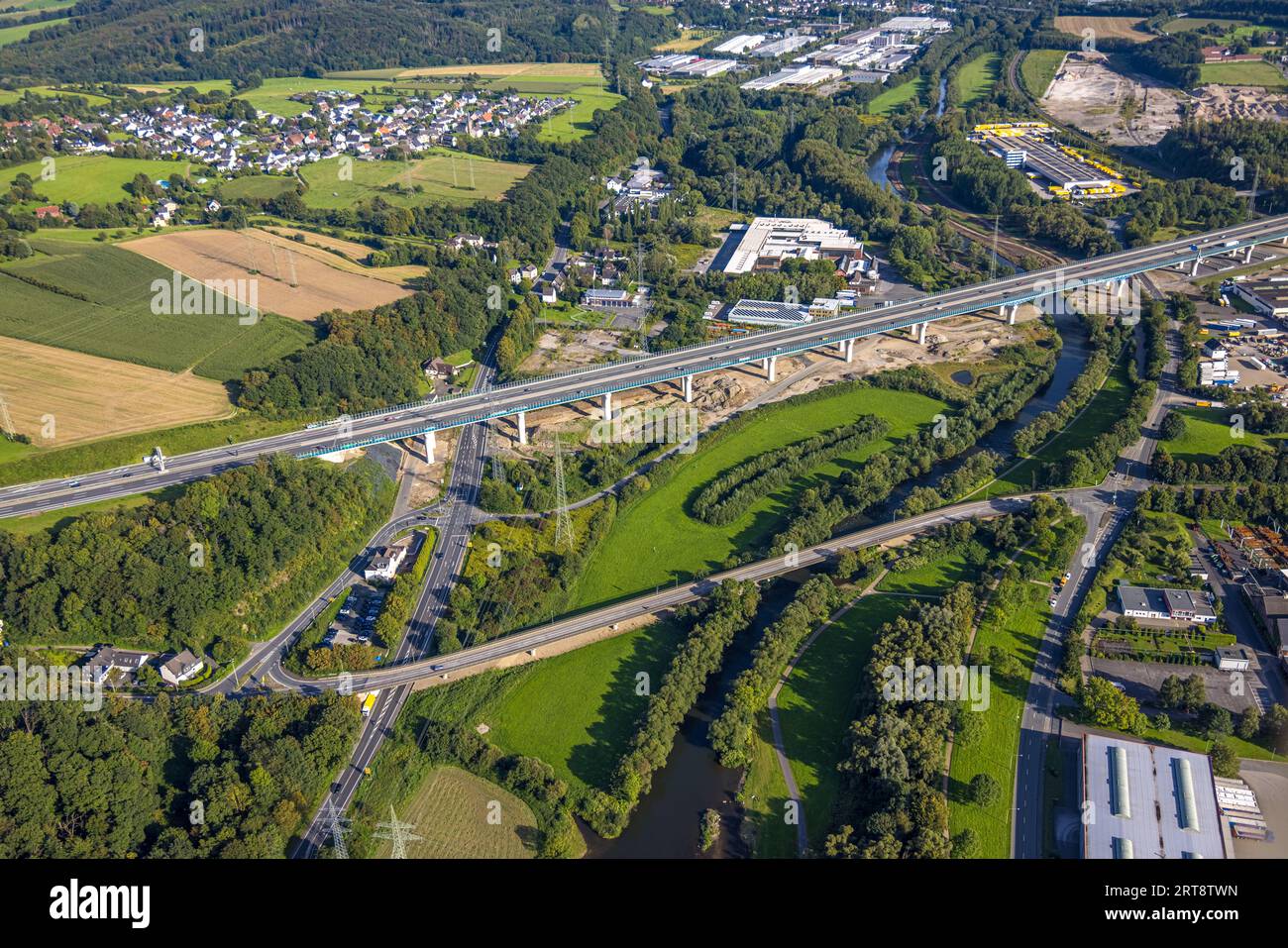 Aerial view, construction site Lennetal bridge and river Lenne, fire ...