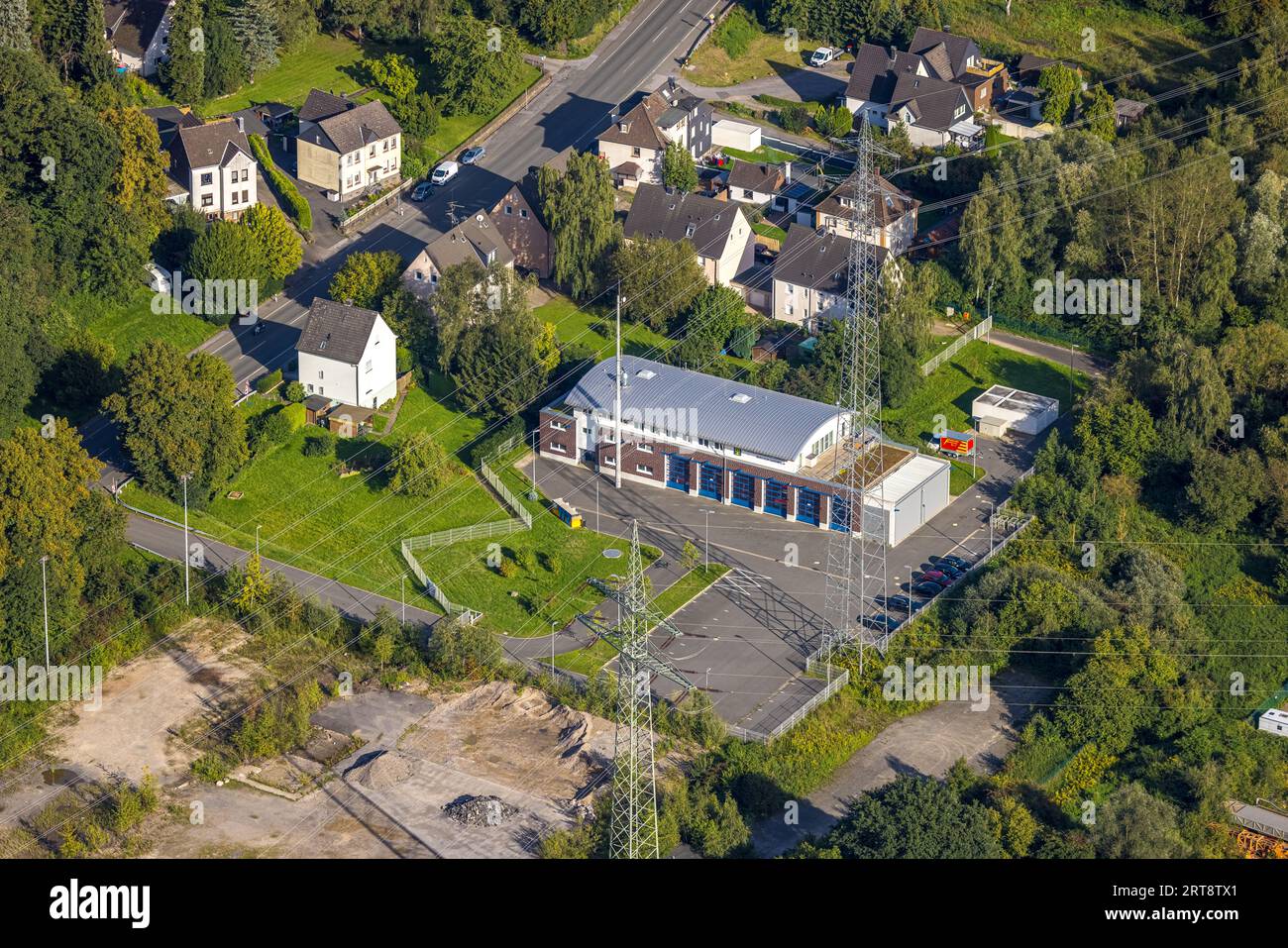 Aerial view, fire station Berchum/Garenfeld at the Lennetal bridge ...