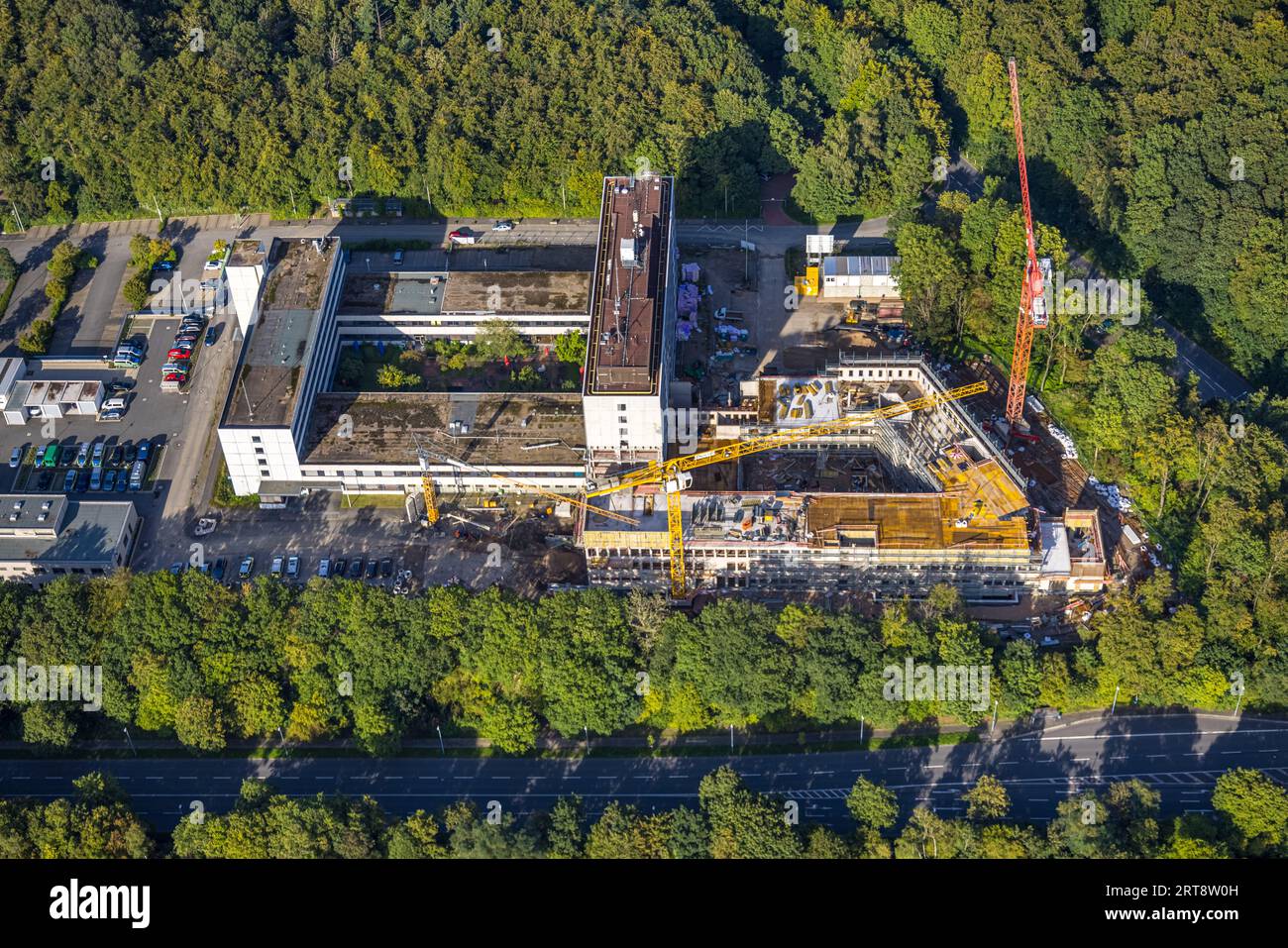 Aerial view, construction site and new building at Hoheleye police