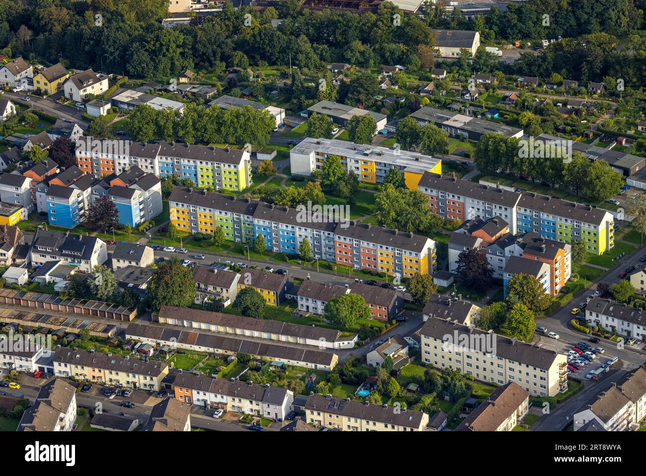 Aerial view, row house housing estate with colored facades at Jungfernbruch, Haspe-West, Hagen, Ruhr area, North Rhine-Westphalia, Germany, DE, Europe Stock Photo