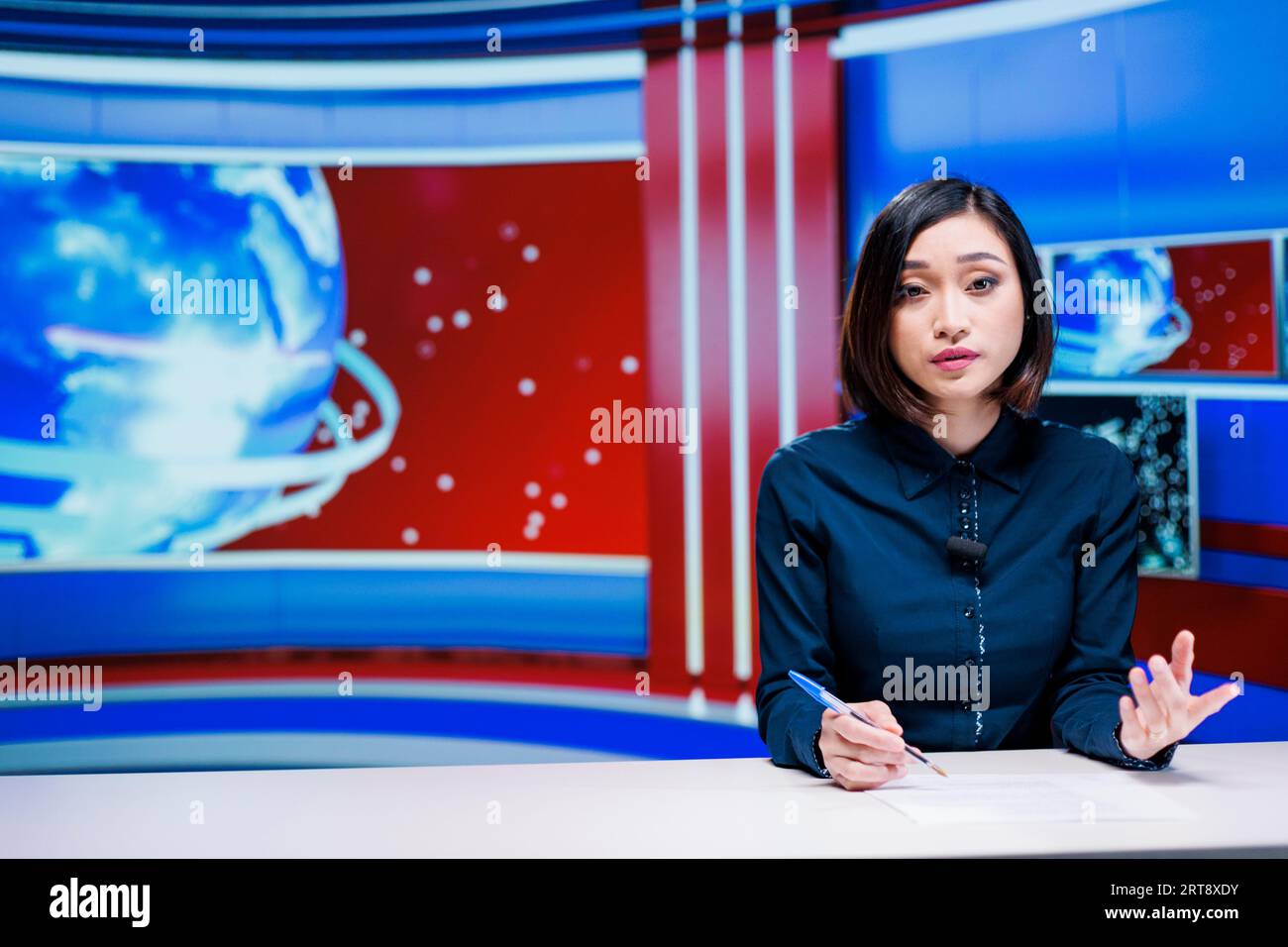 TV reporter covering latest topics live in newsroom, presenting daily