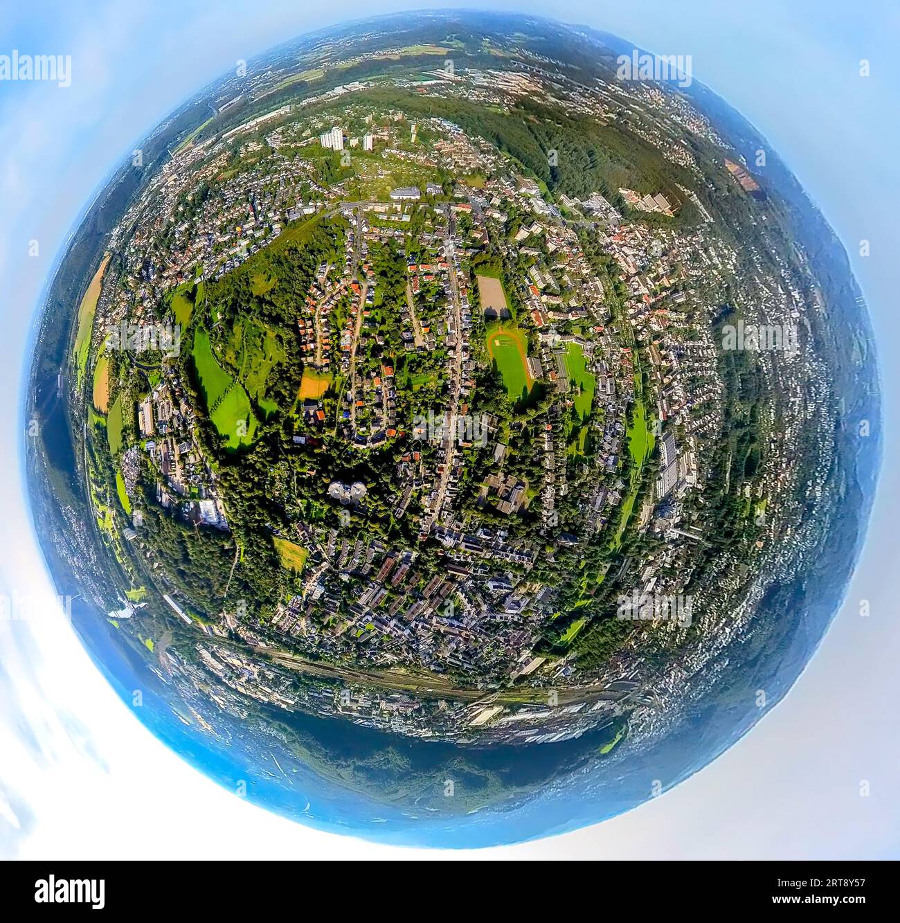 Aerial view, Boele district, Boelerheide sports field, globe, fisheye ...