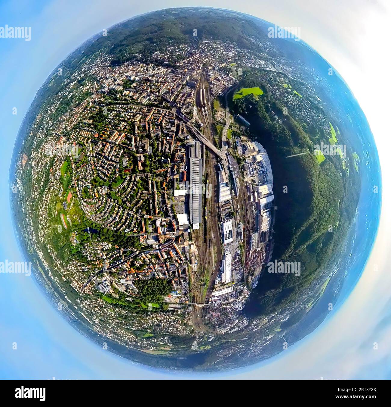 Aerial view, district Altenhagen with railroad line and main station