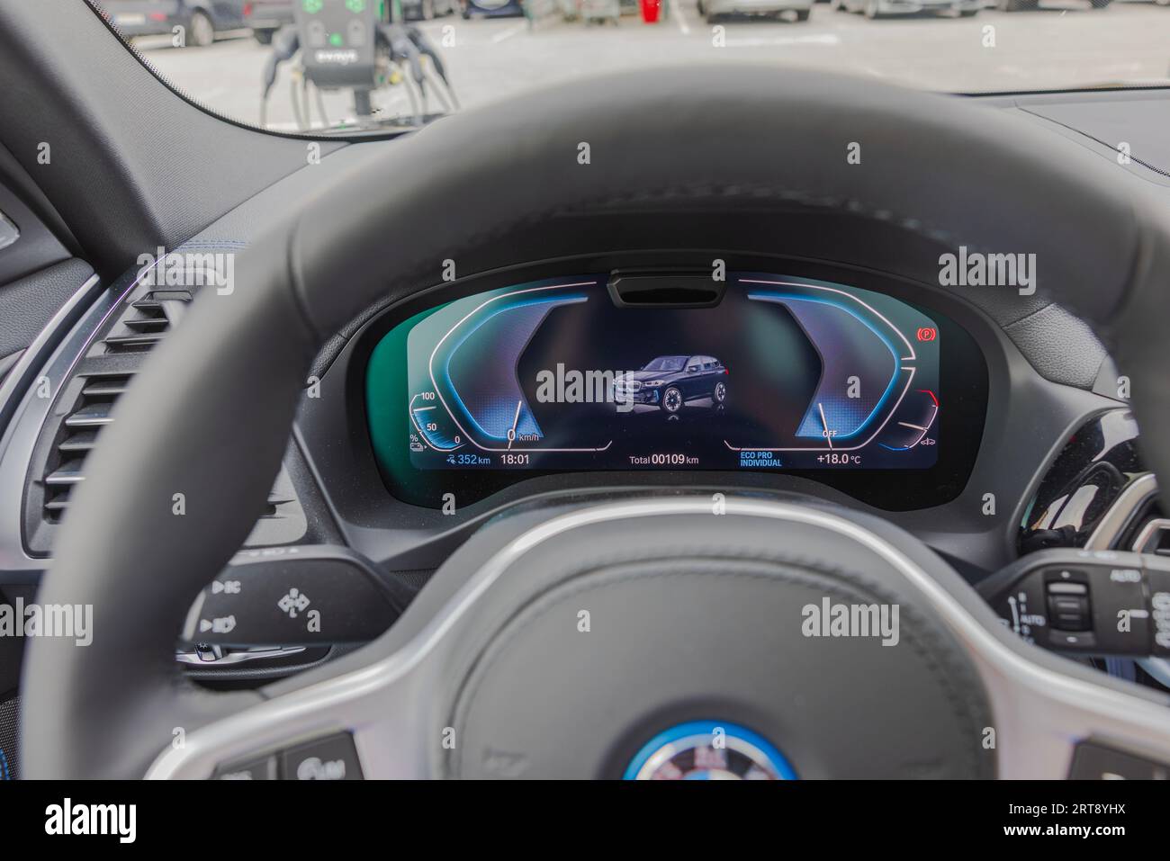 Close up view of design speedometer of new electric car BMW iX3 Msport