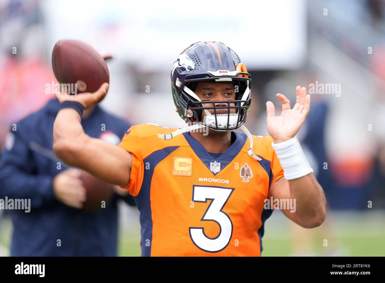 Denver Broncos quarterback Russell Wilson (3) warms up before the ...