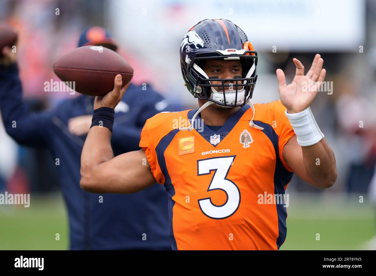 Denver Broncos quarterback Russell Wilson (3) warms up before the ...
