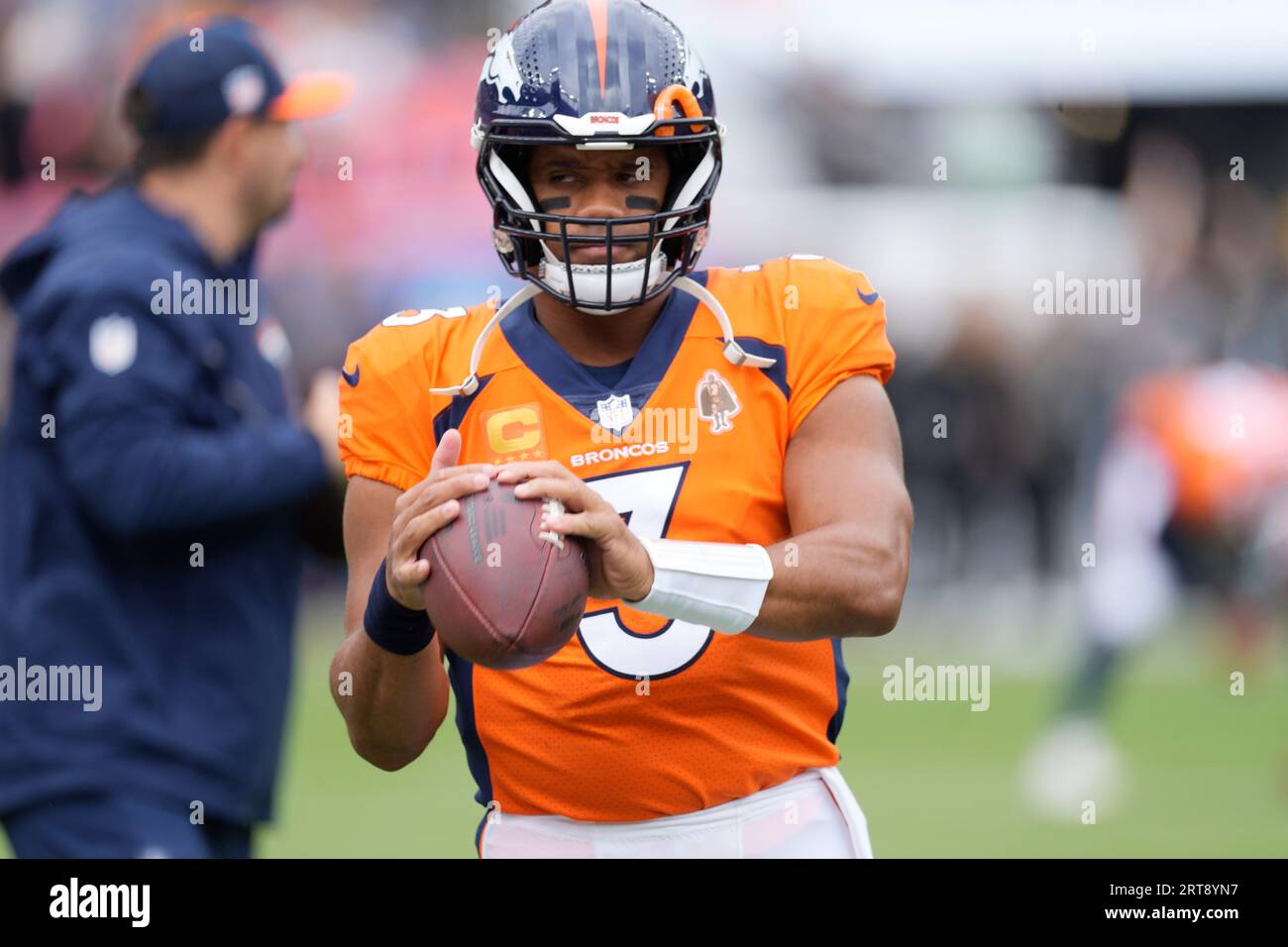 Denver Broncos quarterback Russell Wilson (3) warms up before the ...