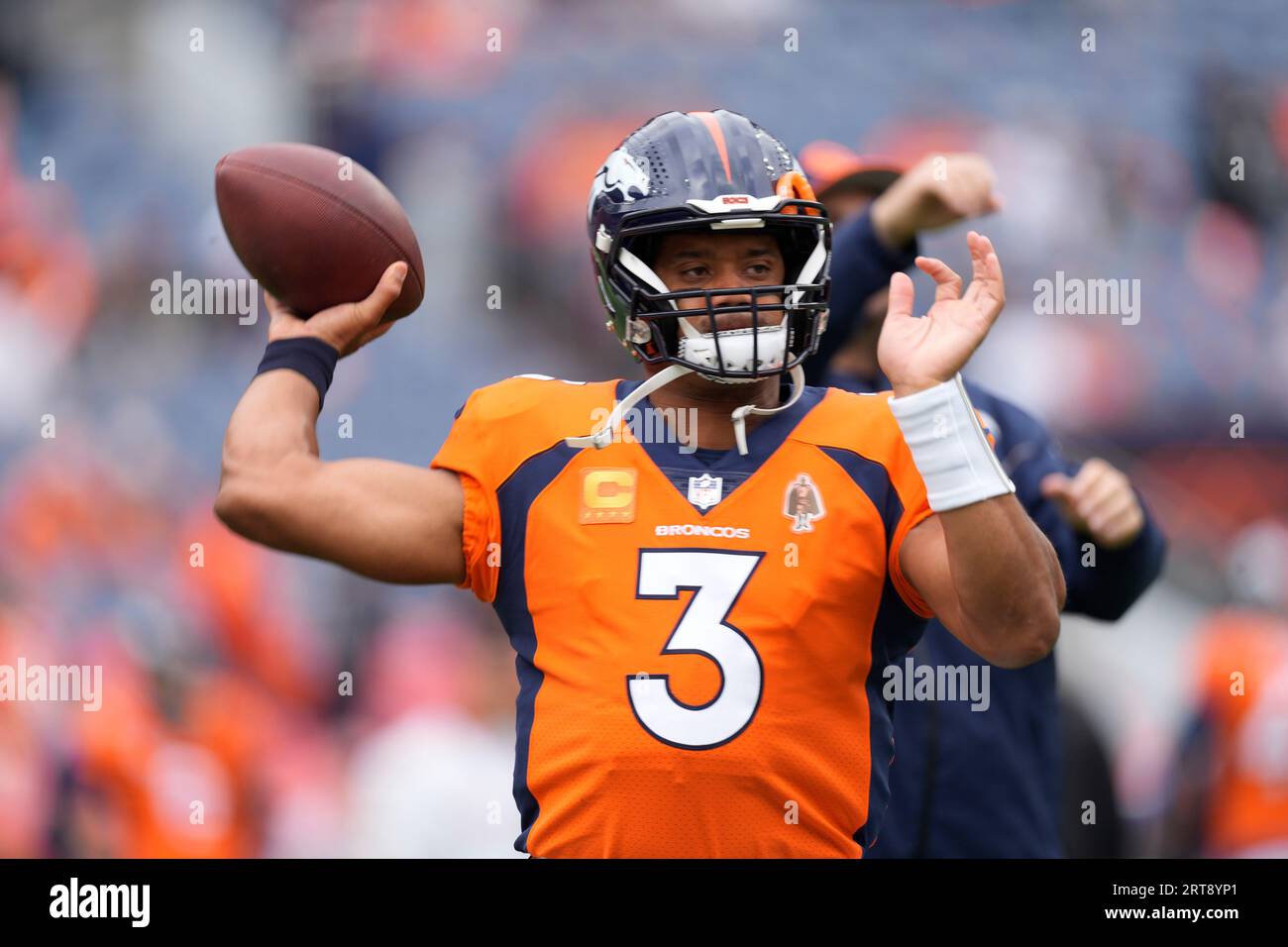 Denver Broncos quarterback Russell Wilson (3) warms up before the ...