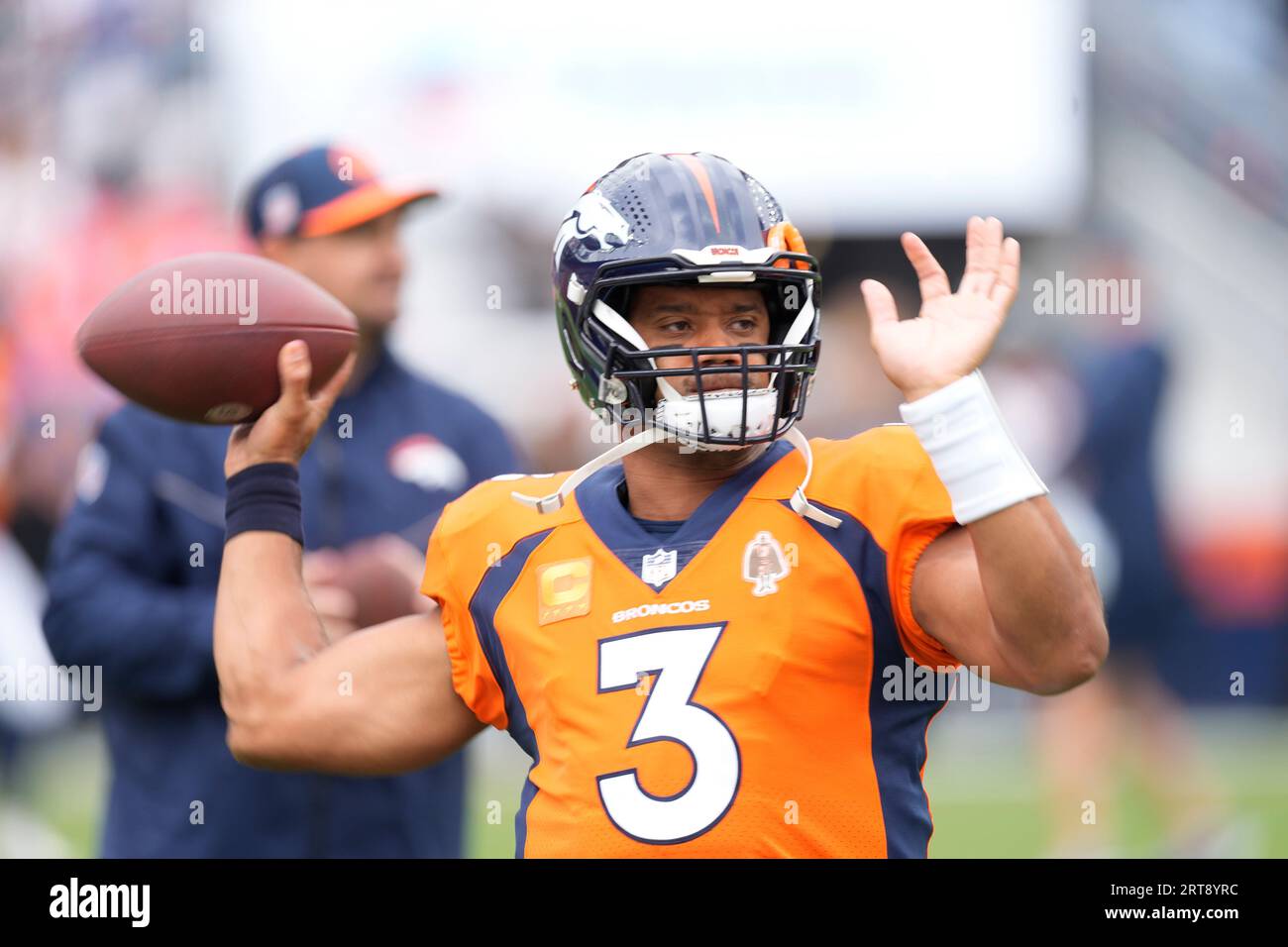 Denver Broncos quarterback Russell Wilson (3) warms up before the ...