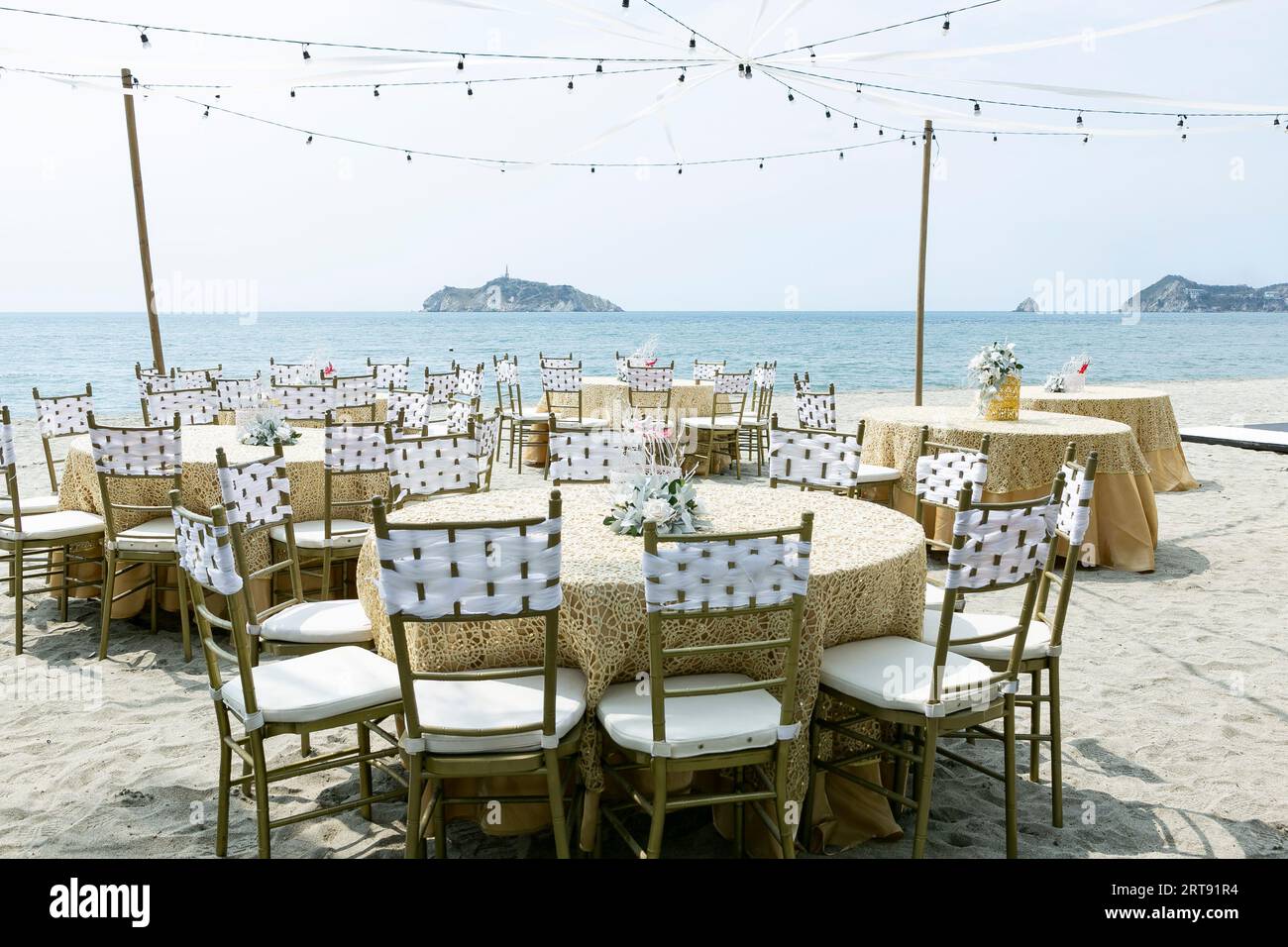 Decorated Tables For Outdoor Reception By The Sea. Stock Photo