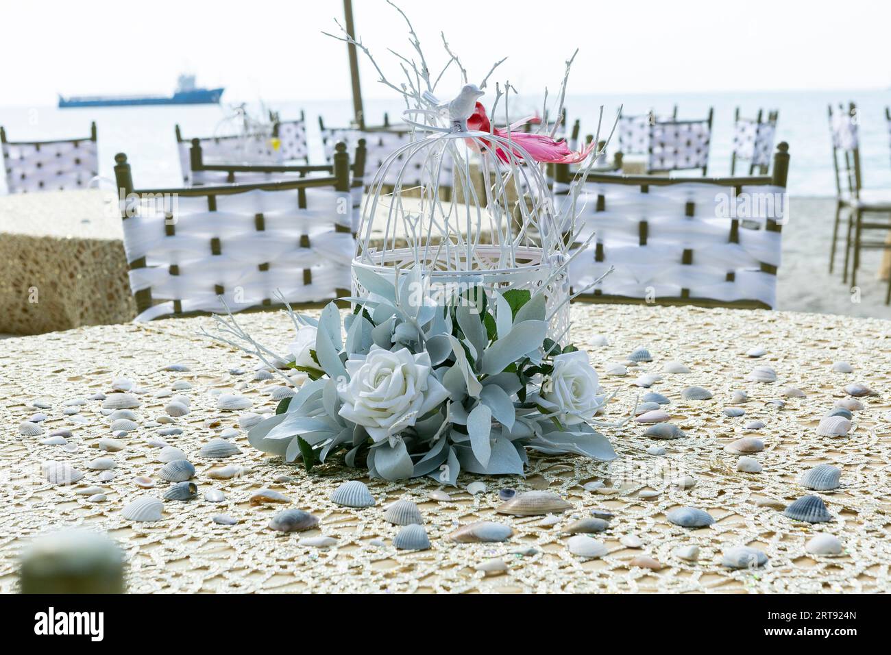 Decorated Tables For Outdoor Reception By The Sea. Stock Photo