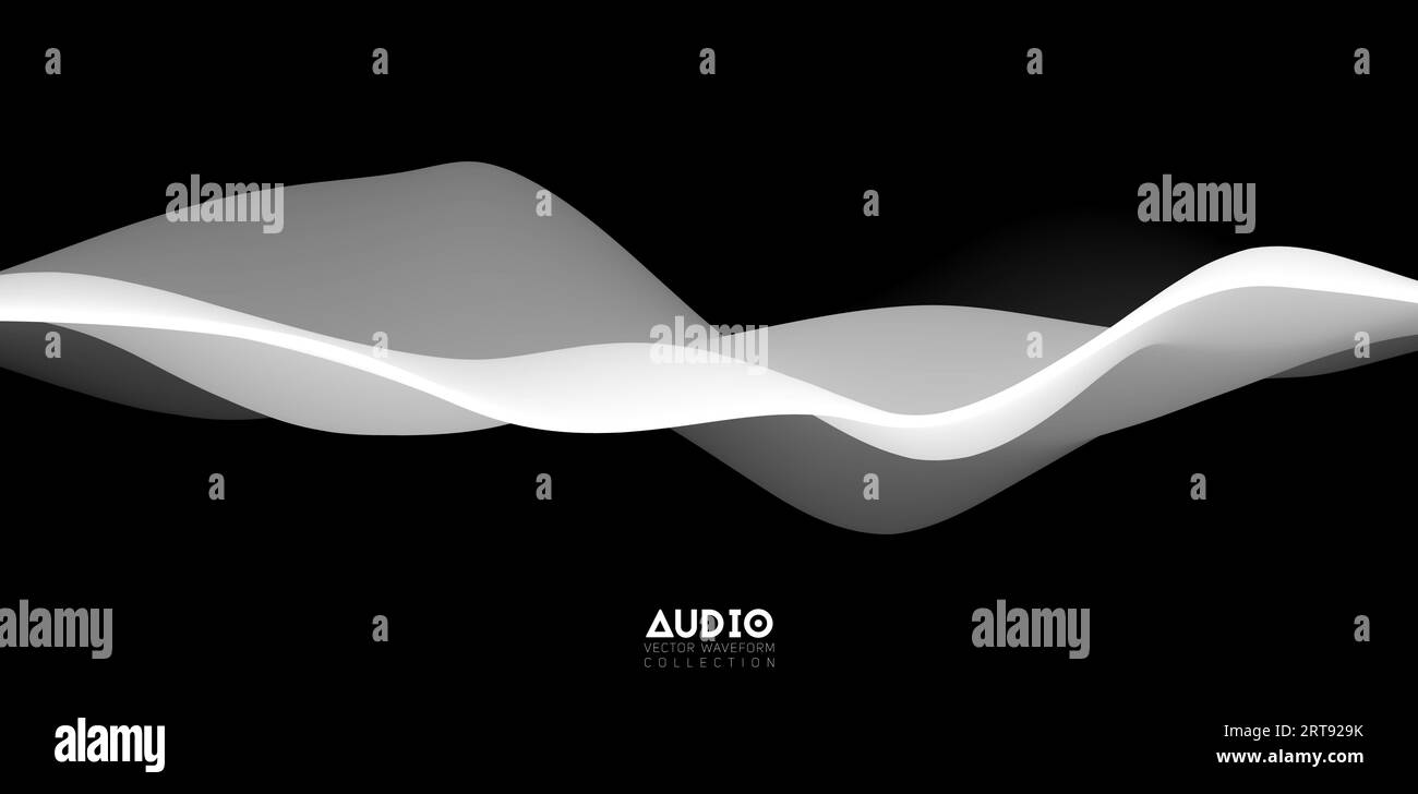 Sound wave visualiztion. 3D black and white solid waveform. Voice sample pattern. Stock Vector