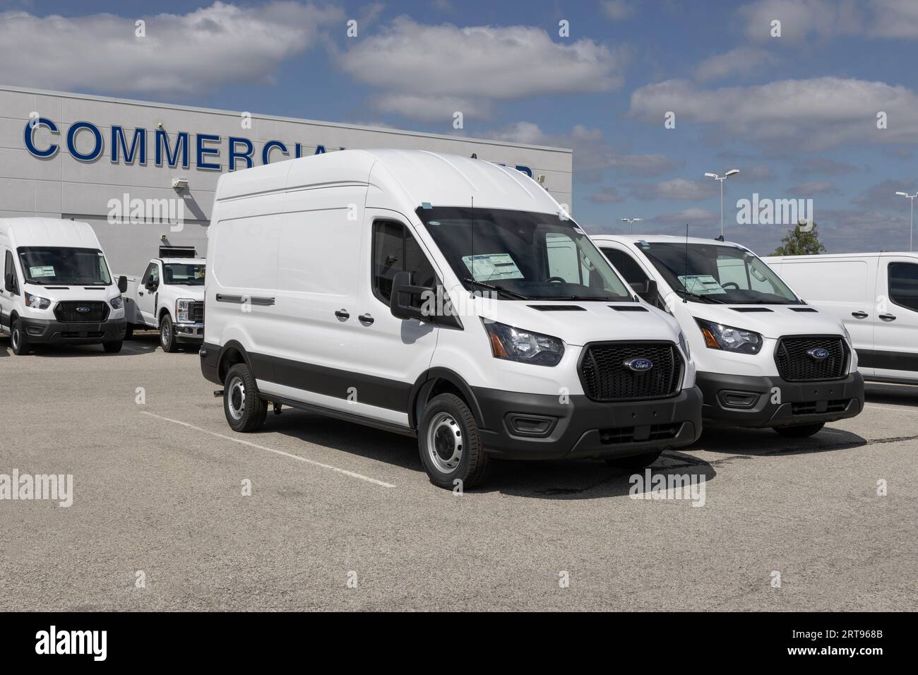 Fishers - September 10, 2023: Ford Transit 350 Cargo Van display at a dealership. The Ford Transit is available in Cargo, Crew and Passenger models. Stock Photo