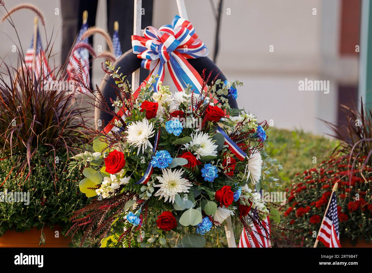 Bloomington, USA. 11th Sep, 2023. BLOOMINGTON, INDIANA - SEPTEMBER 11: Firefighters, police and community members attend the annual 9/11 Ceremony on September 11, 2023 in Bloomington, Indiana. On September 11 2001 the United States was attacked by 19 Al Qaeda terrorists 15 of whom were Saudi Arabian citizens. Nearly 3,000 people were killed on the day of the attack, and many first responders, including 341 members of the FDNY have died of illnesses related to the attack site in the past 22 years. ( Credit: Jeremy Hogan/Alamy Live News Stock Photo