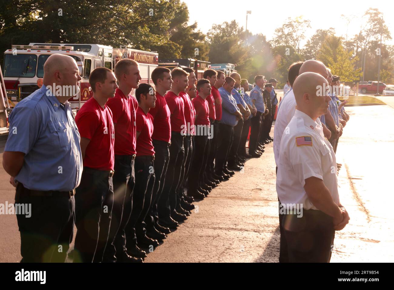 Bloomington, USA. 11th Sep, 2023. BLOOMINGTON, INDIANA - SEPTEMBER 11: Firefighters, police and community members attend the annual 9/11 Ceremony on September 11, 2023 in Bloomington, Indiana. On September 11 2001 the United States was attacked by 19 Al Qaeda terrorists 15 of whom were Saudi Arabian citizens. Nearly 3,000 people were killed on the day of the attack, and many first responders, including 341 members of the FDNY have died of illnesses related to the attack site in the past 22 years. ( Credit: Jeremy Hogan/Alamy Live News Stock Photo