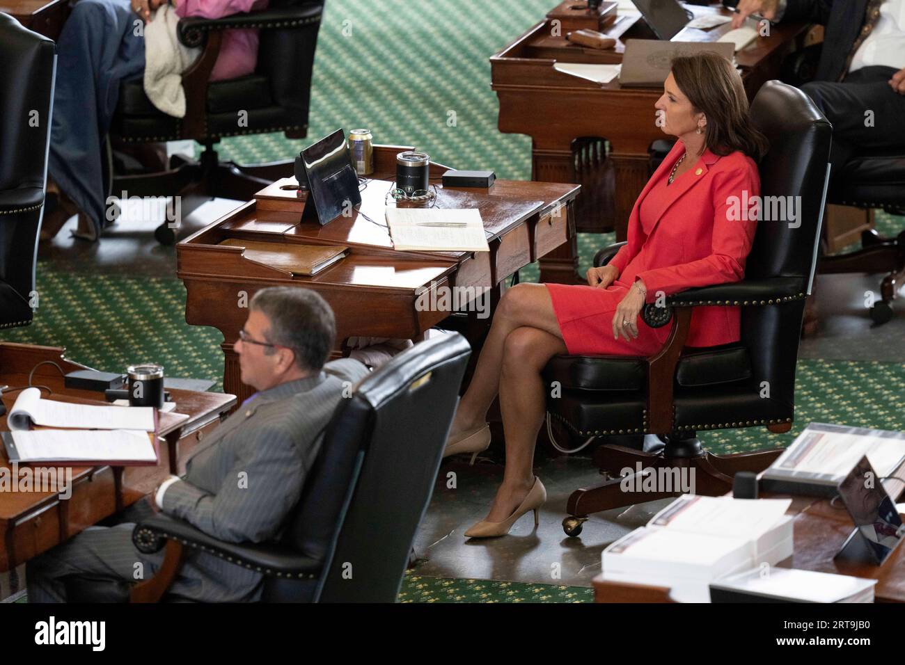 Austin, Texas, USA, September 11 2023: Texas Sen. ANGELA PAXTON listens to testimony about her husband's alleged extramarital affair during day 5 of suspended Texas Attorney General Ken Paxton's impeachment trial in the Texas Senate. Credit: Bob Daemmrich/Alamy Live News Stock Photo