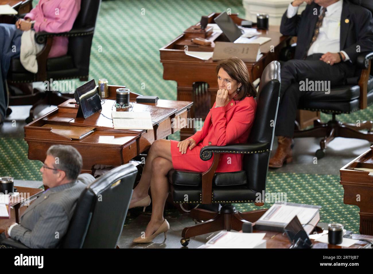 Austin, Texas, USA, September 11 2023: Texas Sen. ANGELA PAXTON listens to testimony about her husband's alleged extramarital affair during day 5 of suspended Texas Attorney General Ken Paxton's impeachment trial in the Texas Senate. Credit: Bob Daemmrich/Alamy Live News Stock Photo