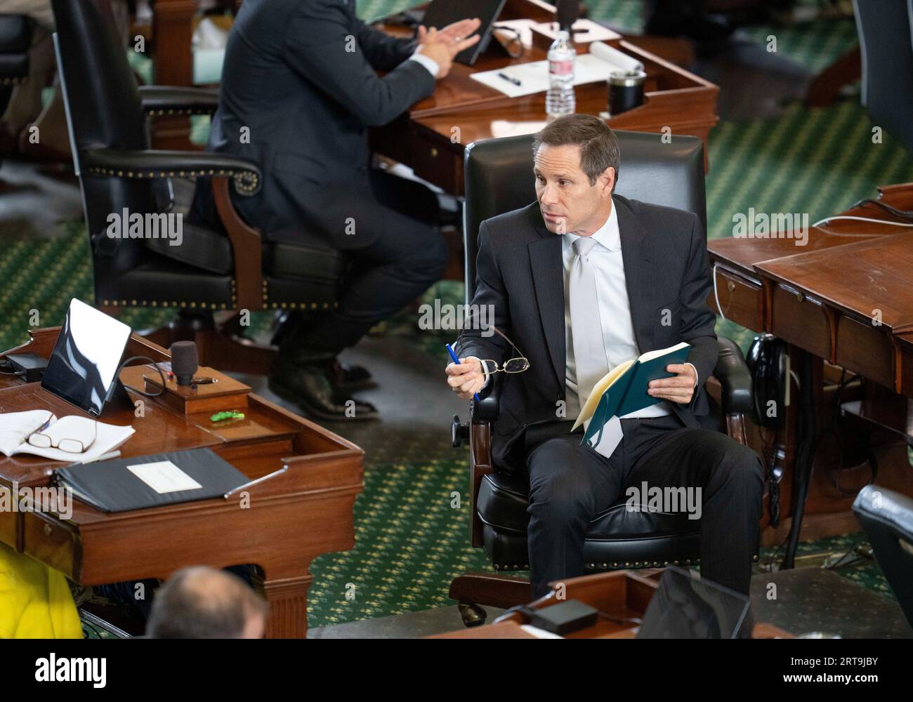 Austin, Texas, USA, September 11 2023: State Sen. NATHAN JOHNSON, D-Dallas, acting as a juror, turns around in his chair during day 5 of suspended Texas Attorney General KEN PAXTON's impeachment trial in the Texas Senate. Credit: Bob Daemmrich/Alamy Live News Stock Photo