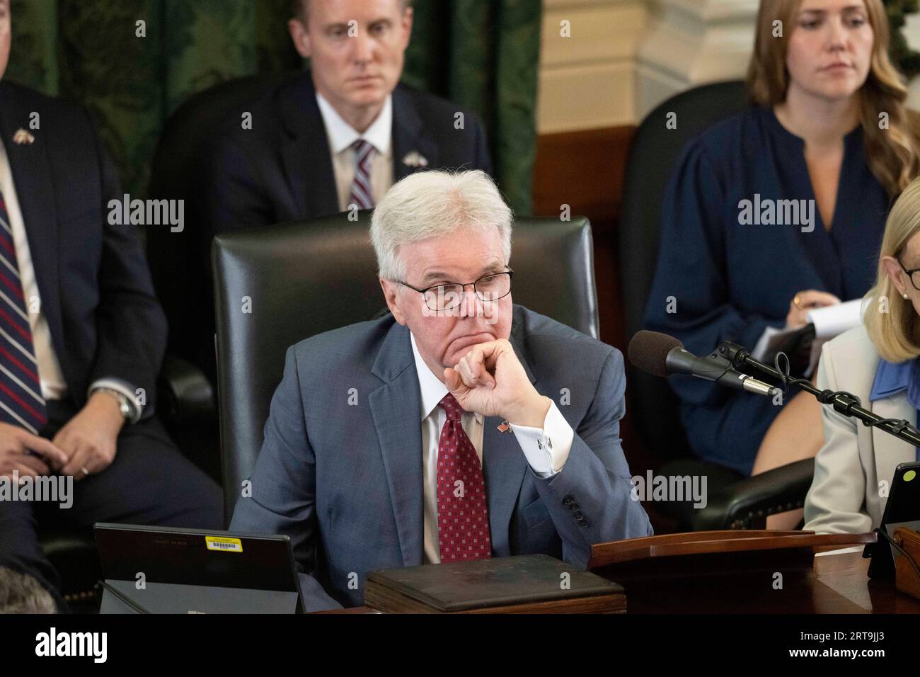 Austin, Texas USA, September 11 2023. Texas Lt. Gov. DAN PATRICK, acting as the trial judge, listens to testimony during day 5 of Texas' suspended Attorney General Ken Paxton's impeachment trial in the Texas Senate. Credit: Bob Daemmrich/Alamy Live News Stock Photo