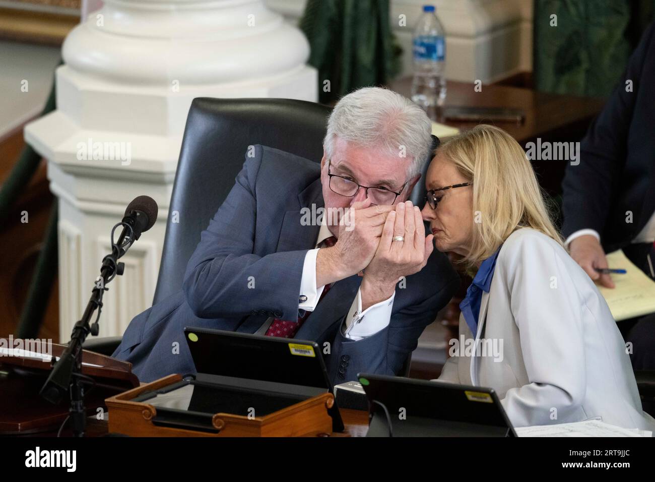 Austin, Texas, USA, September 11 2023: Texas Lt. Gov DAN PATRICK (left) and legal counsel LANA MYERS whisper during a ruling on day 5 of suspended Texas Attorney General Ken Paxton's impeachment trial in the Texas Senate. Patrick, who is not an attorney, is serving as the trial judge, with help from Myers, a retired district court judge. Credit: Bob Daemmrich/Alamy Live News Stock Photo