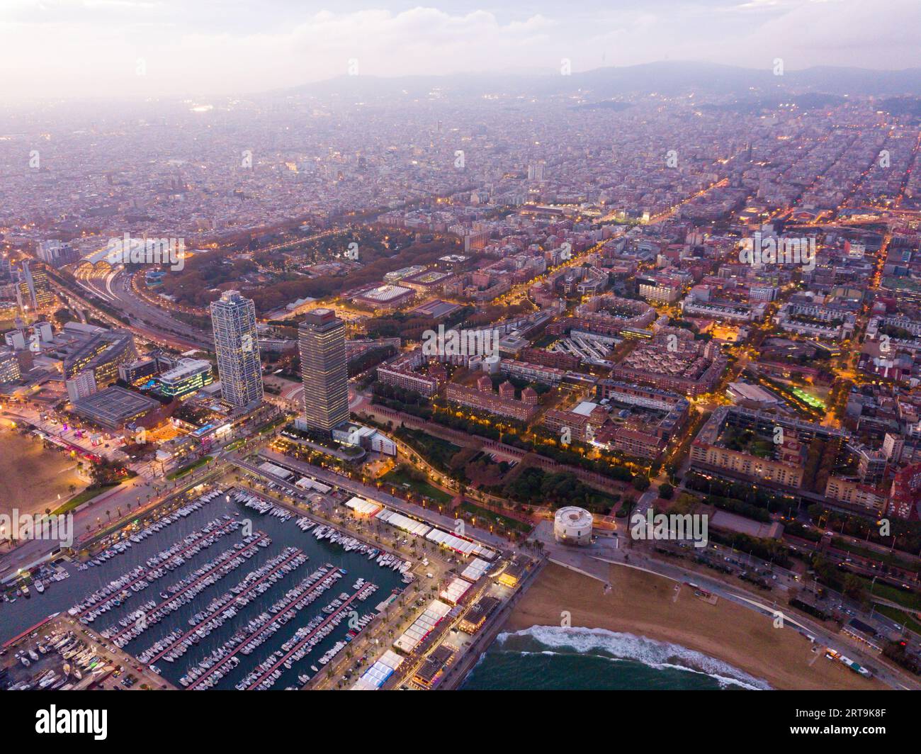 Aerial view from drones of coast in Barcelona and city center Stock ...