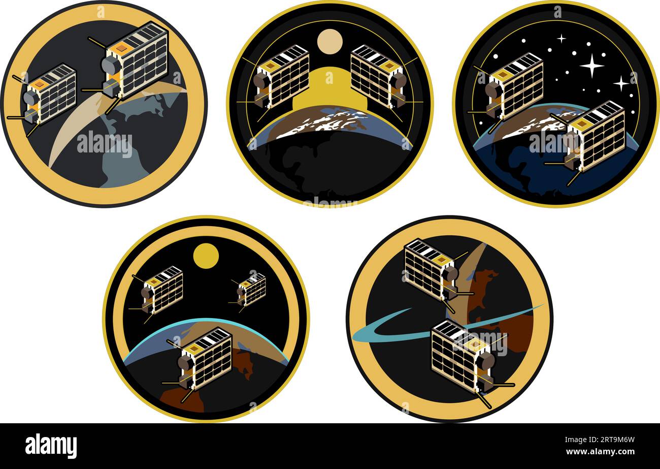 CubeSat Emblem Space Mission Patches collection with Earth, Stars, Sun and View of the Americas, space for copy or title Stock Vector