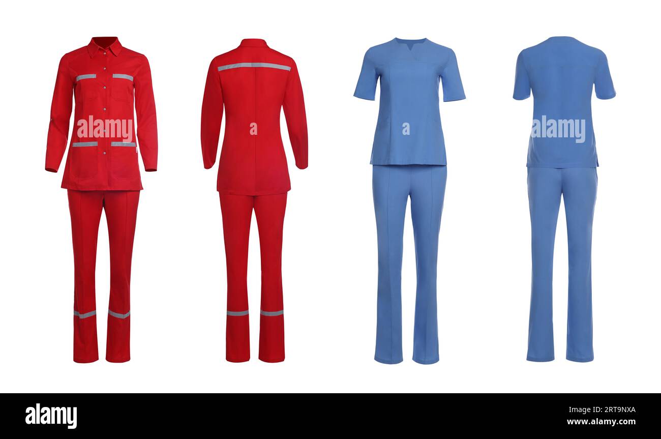 Blue and red medical uniforms isolated on white, collage with back and