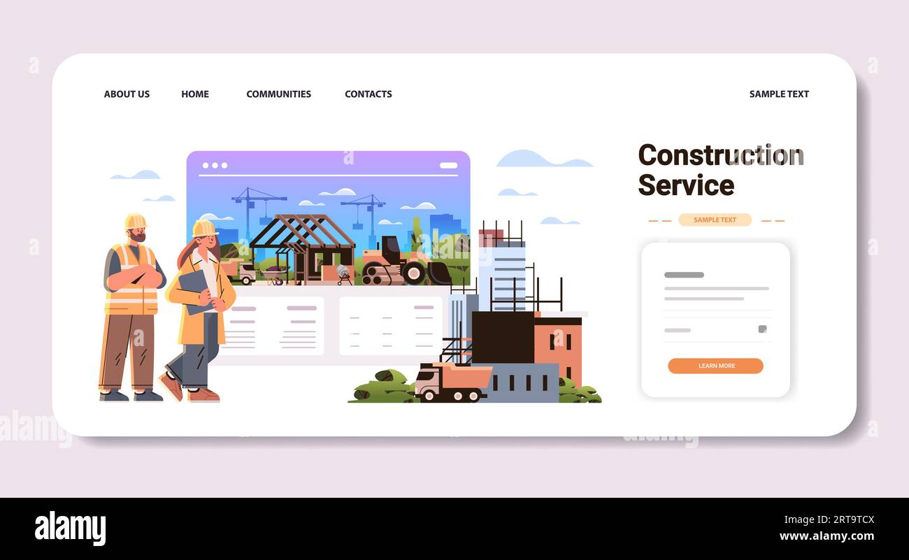 woman man architects or engineers in uniform standing near unfinished