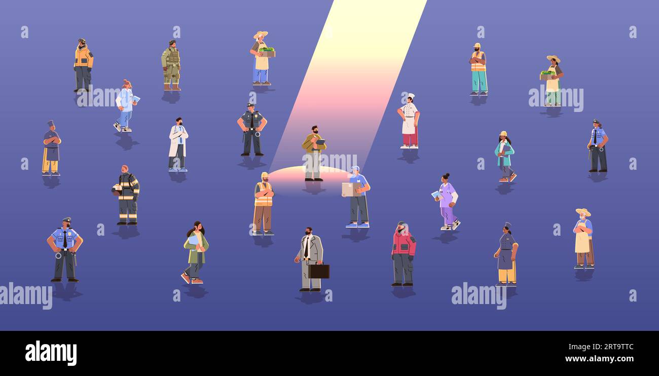 set different occupation people diverse workers of various professions and specialists standing together happy labor day celebration Stock Vector
