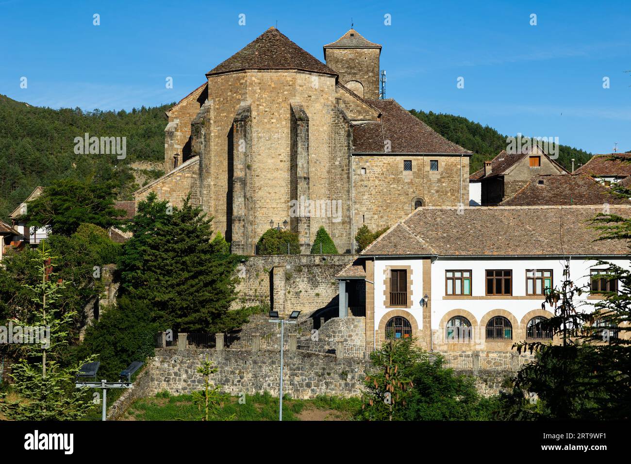 Anso townscape with parish church of Saint Peter in Pyrenees Stock ...