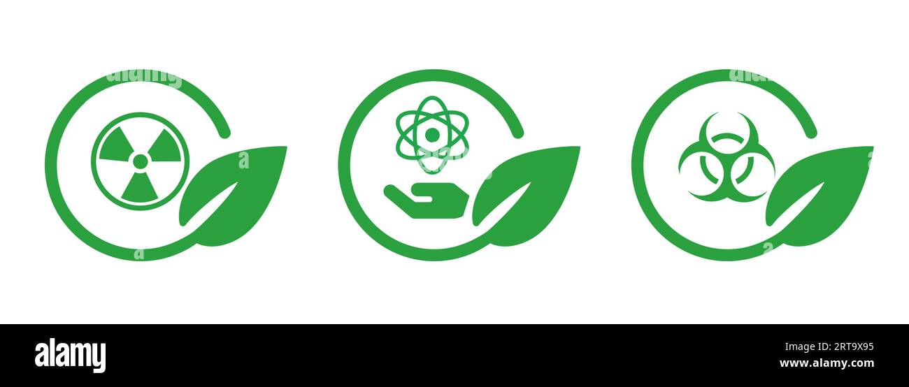 Hazardous biological biohazard atomic radioactive green leaf leaves set icon of green safe eco friendly symbol Stock Vector