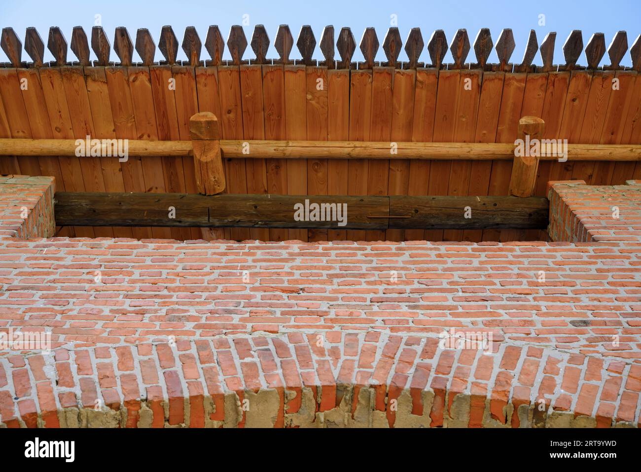 Bottom view of the brickwork and wooden roof of the walls of the ancient Nizhny Novgorod Kremlin Stock Photo