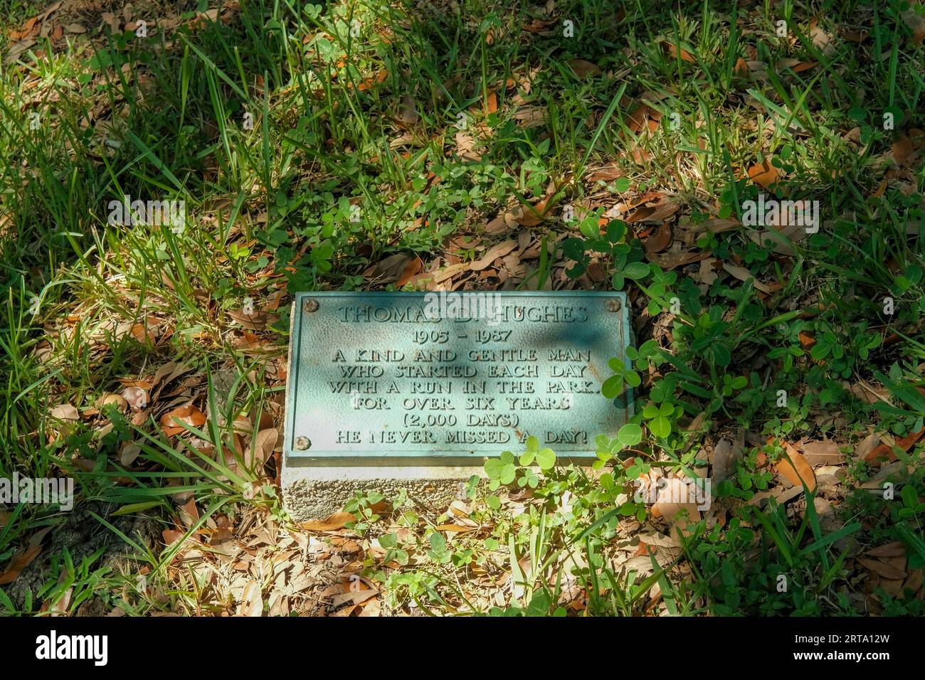 NEW ORLEANS, LA, USA - AUGUST 30, 2023: Plaque commemorating Thomas D. Hughes, a gentle man who ran every day for over six years in Audubon Park Stock Photo