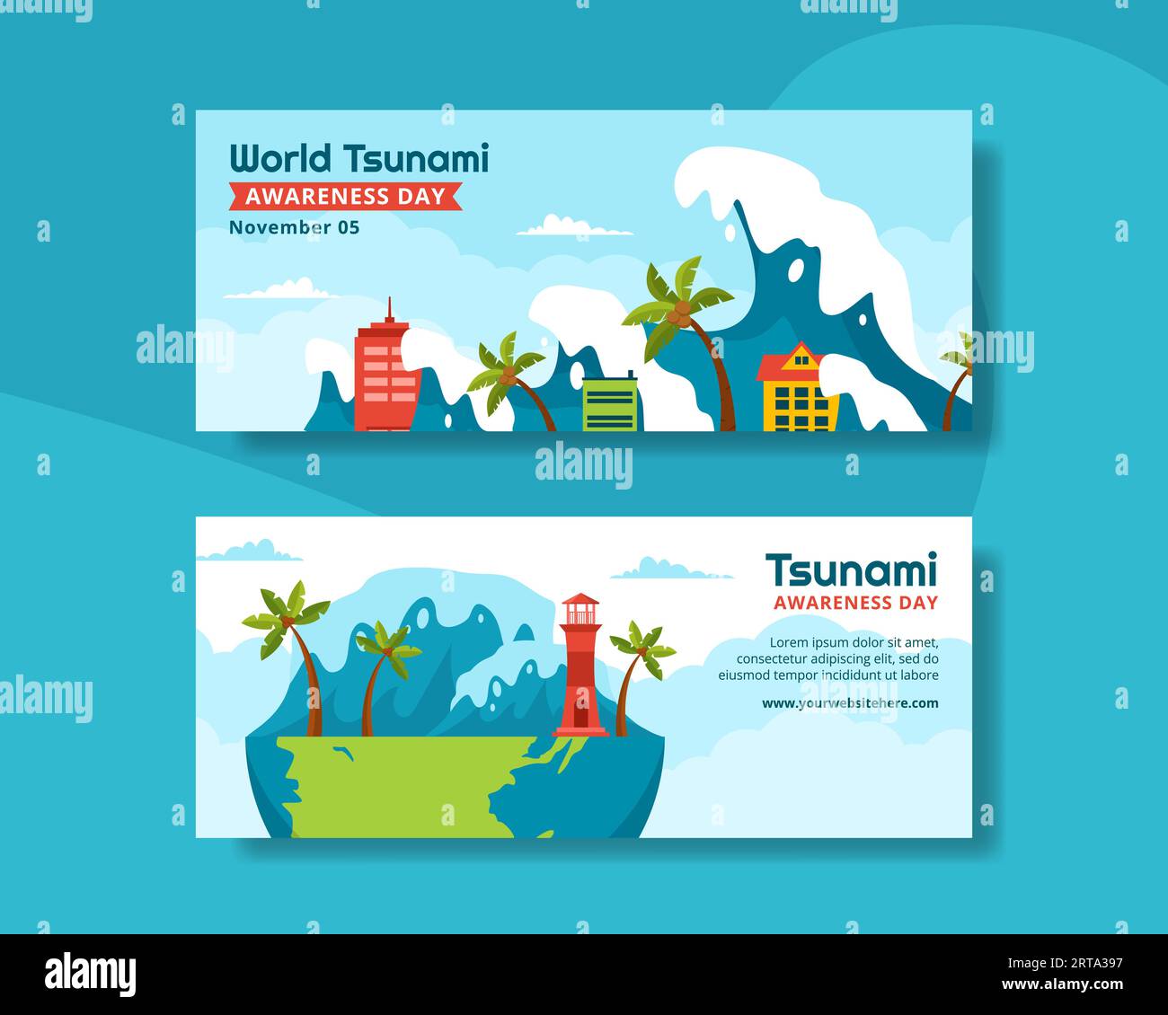 World Tsunami Awareness Day Horizontal Banner Cartoon Hand Drawn Templates Background Illustration Stock Vector