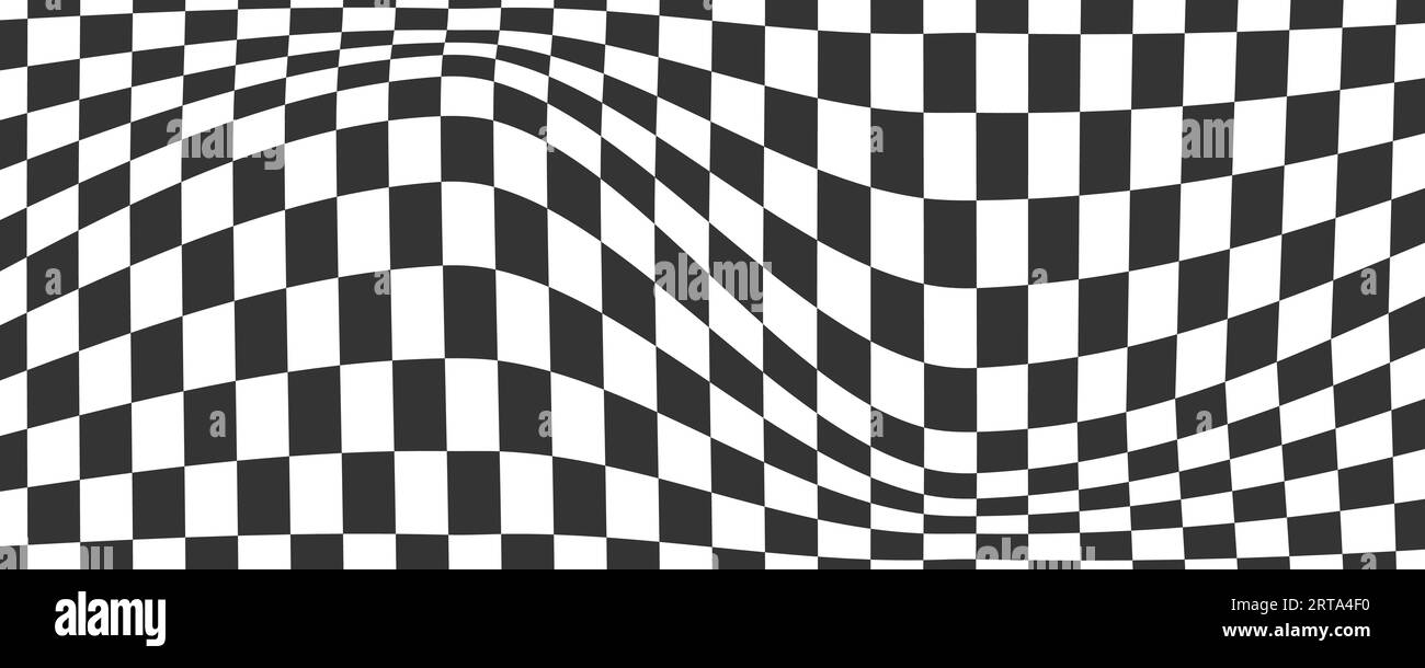 Checkerboard wavy pattern. Abstract chess square print. Black and white psychedelic optical illusion. Warped flag with geometric graphic. Y2k design Stock Vector