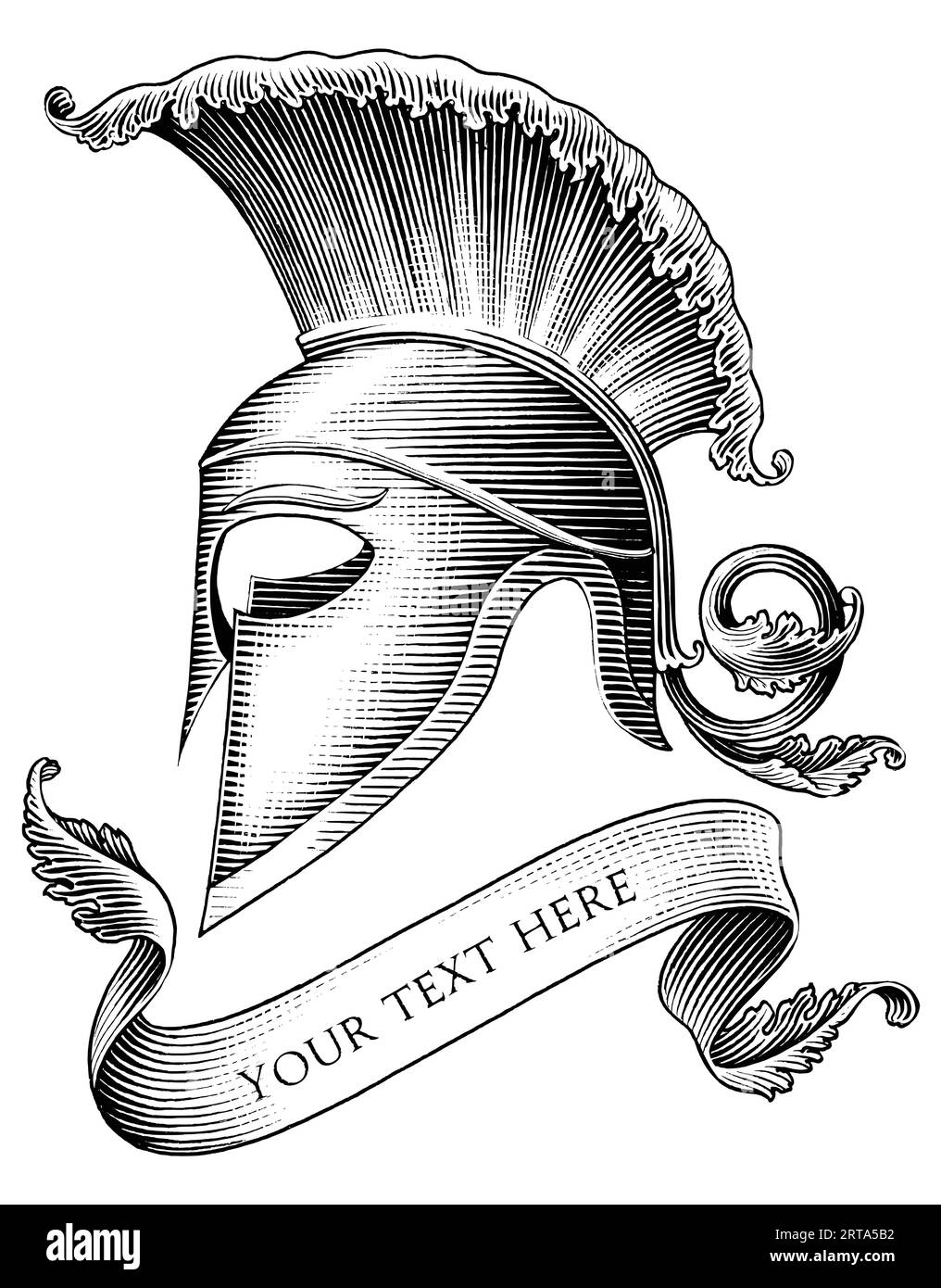 Roman soldier helmet with banner hand draw vintage engraving style