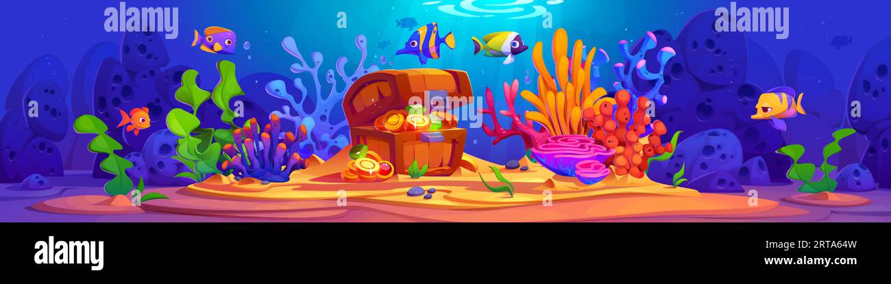 Bottom under water seafloor scene with treasure chest. Ocean underwater ...
