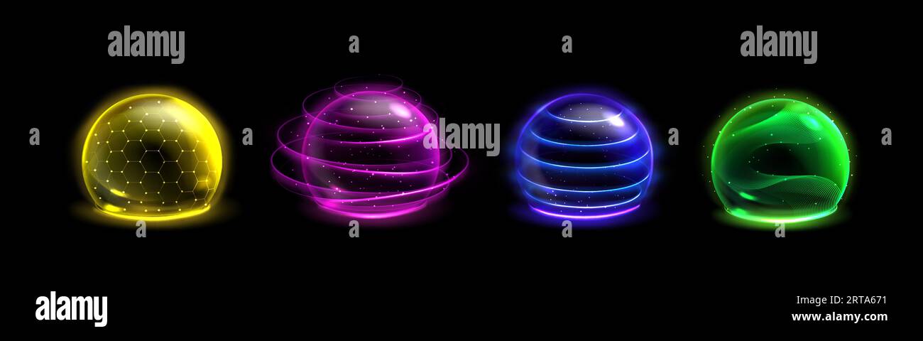 Neon color sphere shields set isolated on black background. Vector realistic illustration of blue, purple, green, yellow 3D domes, magic power barrier, data security, environmental protection concept Stock Vector