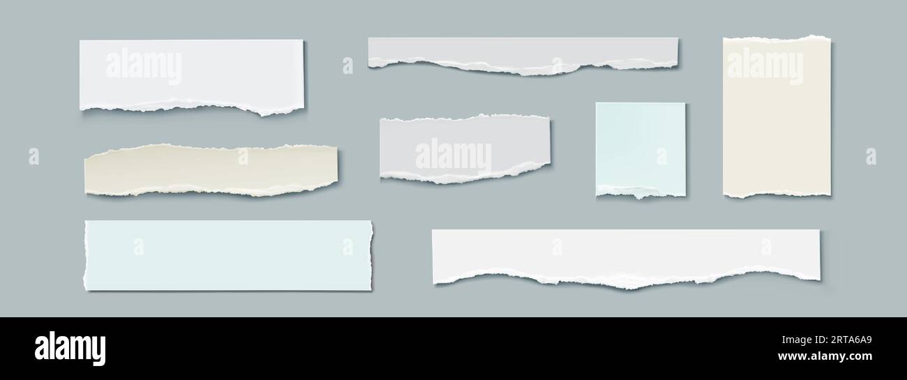 Strips of torn paper - realistic vector illustration set of square and rectangular stickers with texture of ripped edges. Pieces of notebook pages or cardboard sheets for text frame or border. Stock Vector