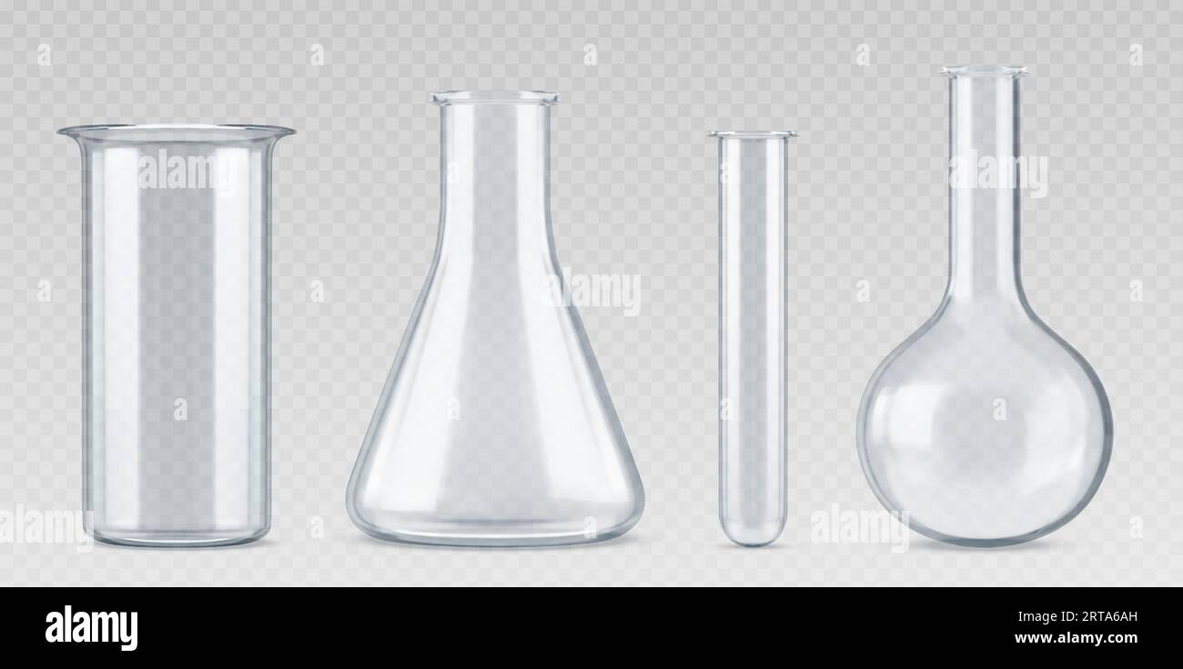 3d chemistry laboratory glass science test flask. Realistic lab beaker equipment. Chemical