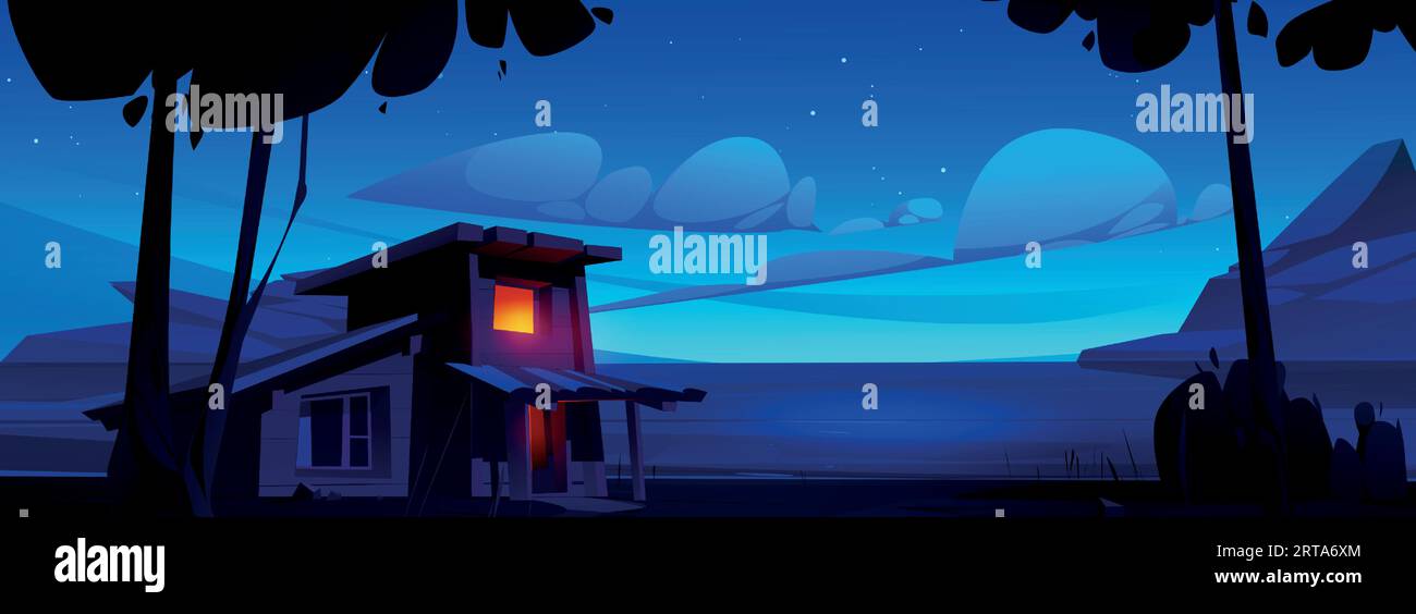 Wooden cabin on shore of lake or river with background of mountain hills at night. Cartoon evening landscape - wood house with light from windows, trees and sky with clouds. Peaceful skyline. Stock Vector