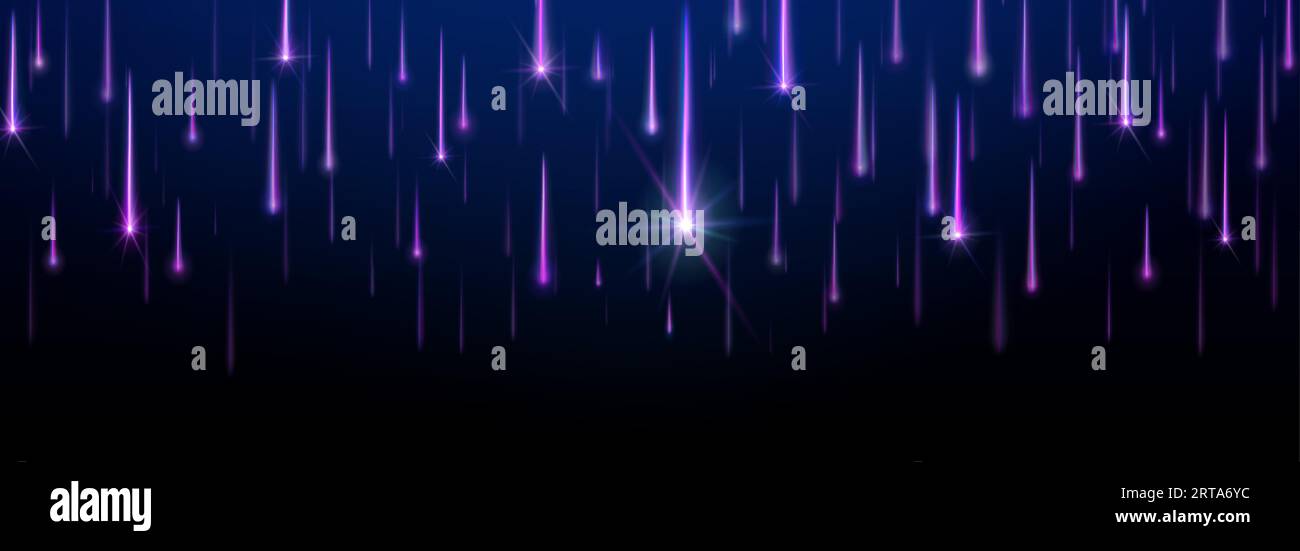 Space comet rain with purple neon star shower. Realistic vector