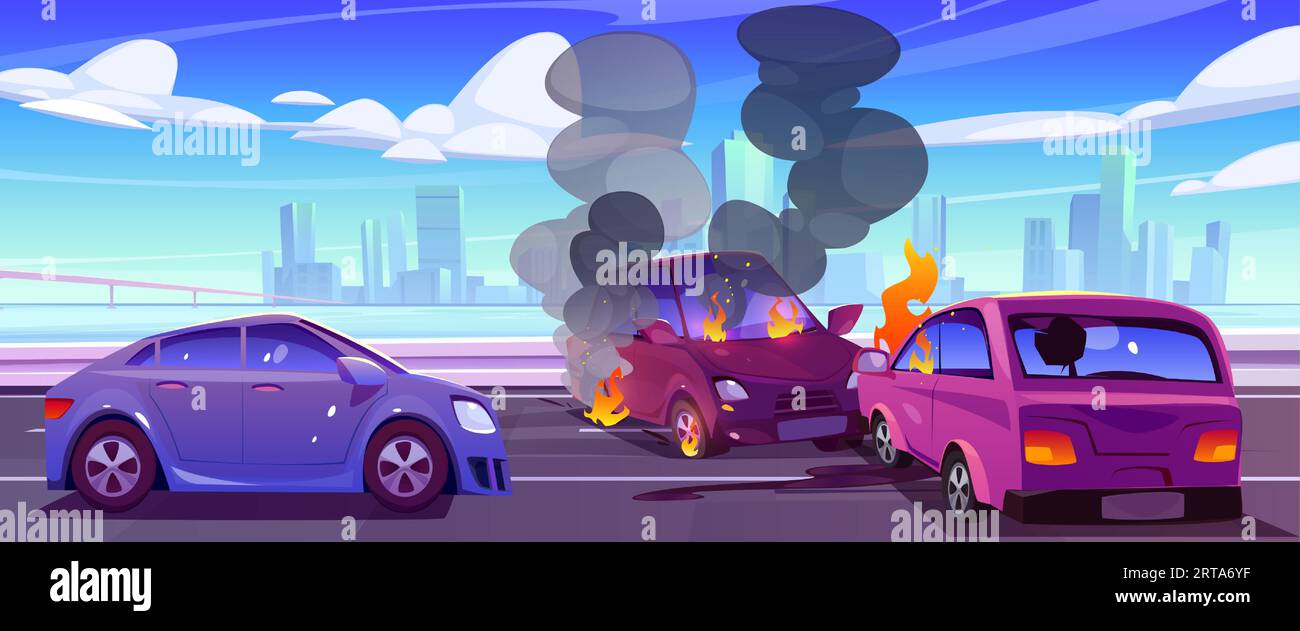 Car crash on highway against city background. Vector cartoon illustration of road accident with two smashed autos burning, fire and smoke above damaged hoods, modern cityscape across river, blue sky Stock Vector