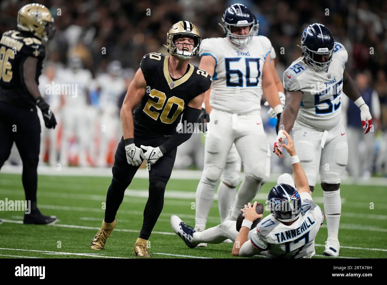 New Orleans Saints linebacker Pete Werner (20) reacts after a sack in
