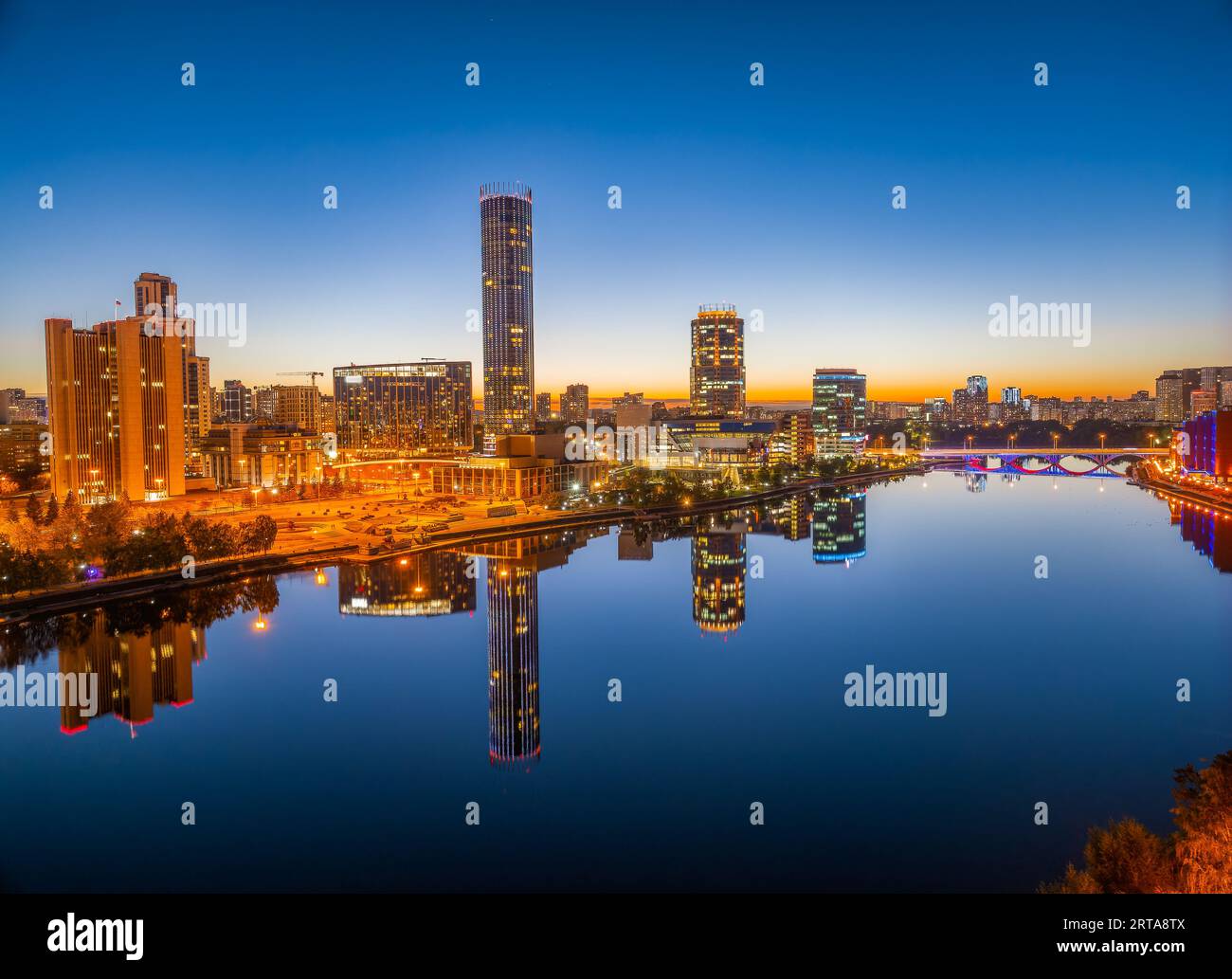 Yekaterinburg city and pond aerial panoramic view at summer or early ...