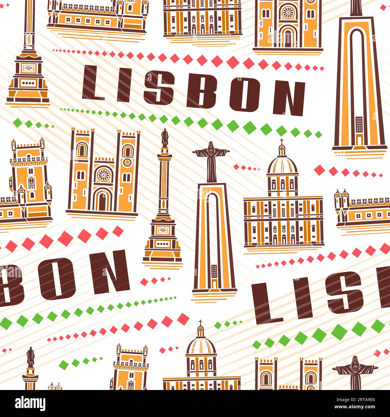 Vector Lisbon Seamless Pattern, repeat background with illustration of famous yellow lisbon city scape on white background for wrapping paper, decorat Stock Vector