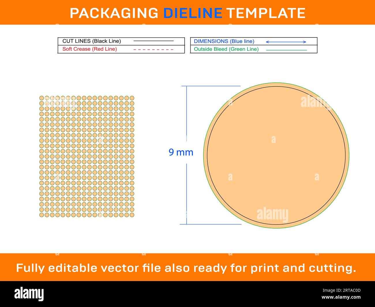 414pcs 9 mm CIRCLE or ROUND label sticker die line template Stock Vector