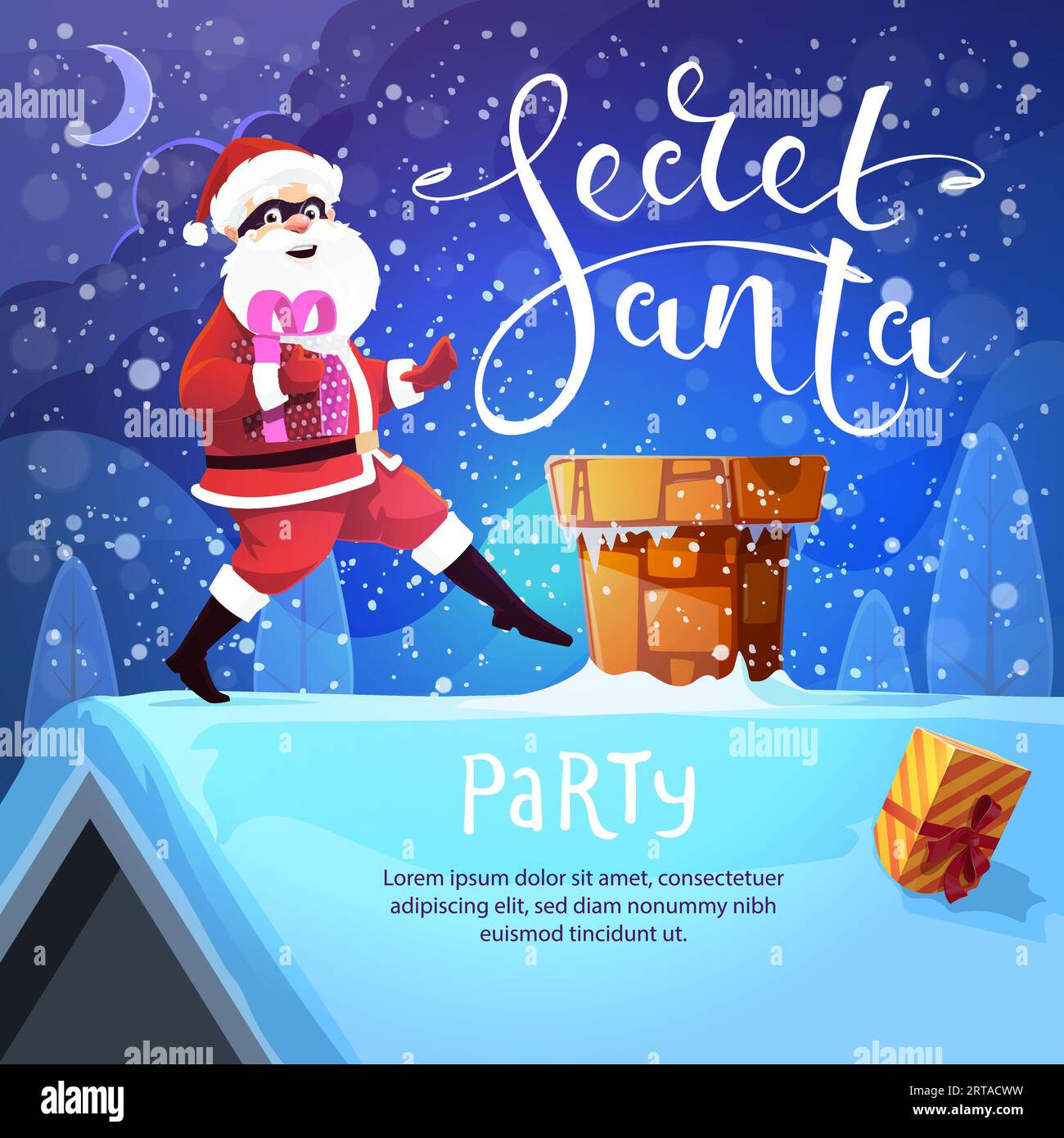 Secret Santa party. Cartoon funny Santa character with present box on roof. Vector festive poster with funny Father Noel wear robber mask stealing to chimney with giftbox in hands at eve night Stock Vector