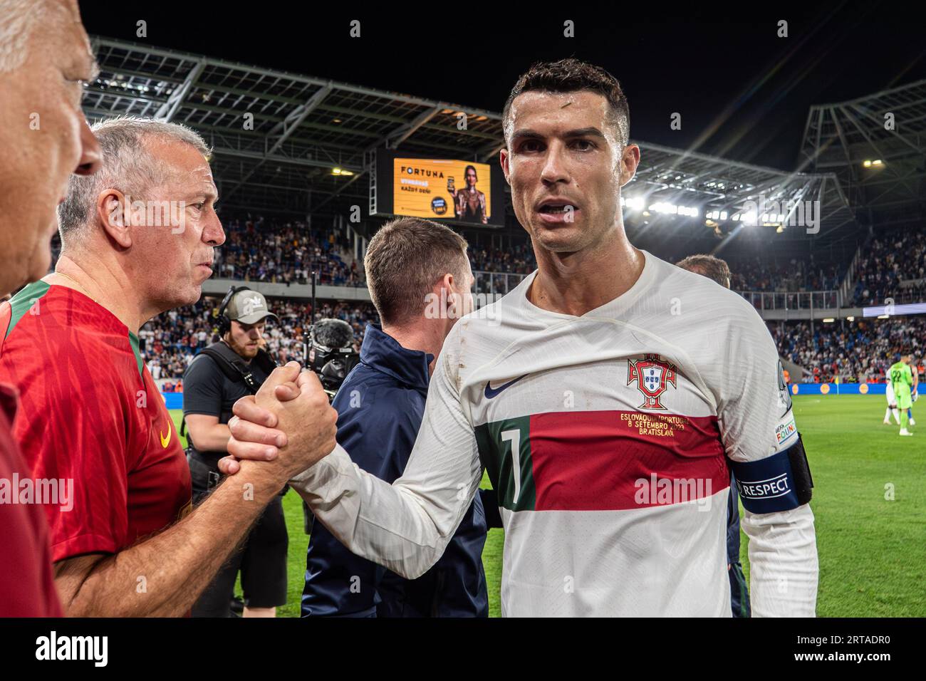 Cristiano Ronaldo seen after the European Qualifier match between Slovakia and Portugal which took place in Bratislava. Portugal won the match 1:0 and remained unbeaten on top of Group J. The only goal was scored by Bruno Fernandes. Cristiano Ronaldo received his third yellow card and he missed next match. Stock Photo